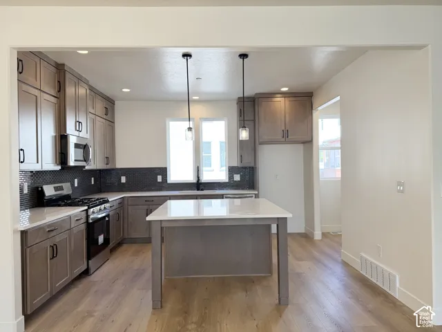 Kitchen featuring wood-finish flooring, white countertops, gray cabinetry with black hardware, a black tile backsplash, and stainless steel appliances
