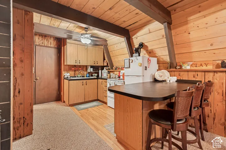 Kitchen with range, fridge and bar.