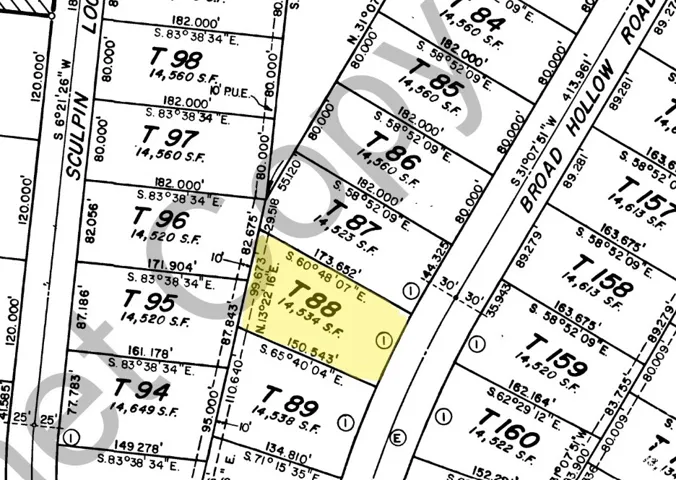 Survey Plat. Indicating the layout and dimensions of the property, with specific parcel T88 highlighted