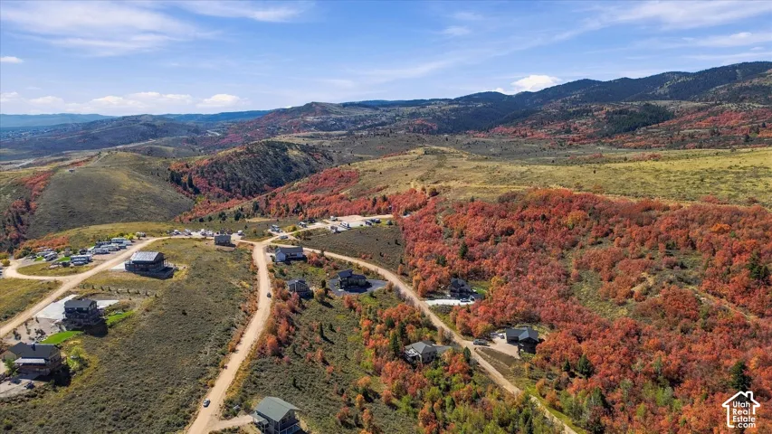 Aerial perspective showcasing mountainous terrain with scattered residences and vibrant autumn foliage
