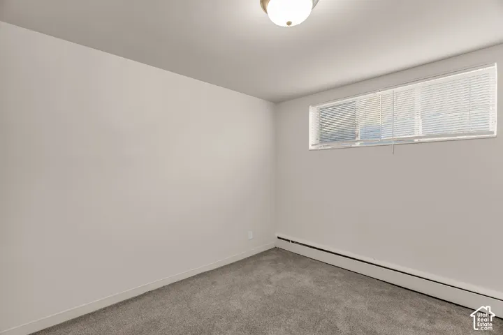 Light gray wall color, low-profile ceiling light fixture, horizontal window with blinds, baseboard heating unit, and gray carpet