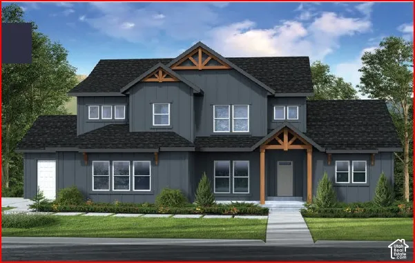 Contemporary exterior featuring a covered entry, dark panel siding, dark shingle roofing, and wood-finish architectural accents