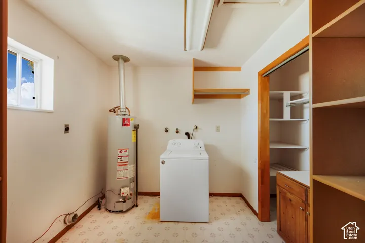 Utility room with a window, water heater, washing machine, and built-in shelving