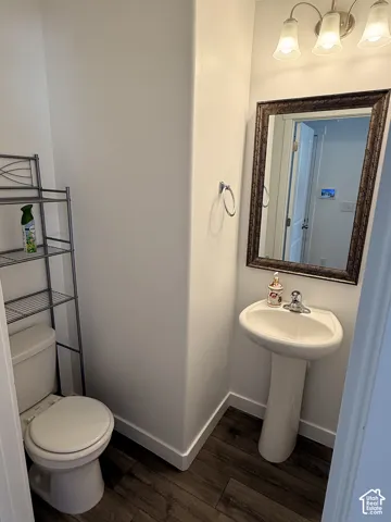 Pedestal sink with chrome faucet, vanity mirror with decorative frame, overhead light fixture with frosted glass shades, wood-finish flooring, and white toilet