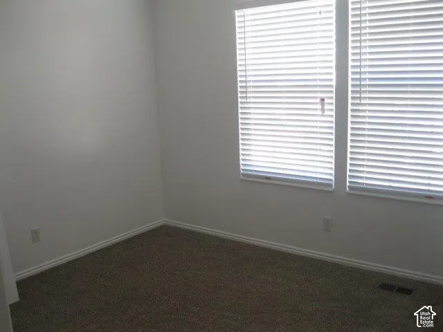 Neutral wall paint, textured carpeting, and two windows with blinds