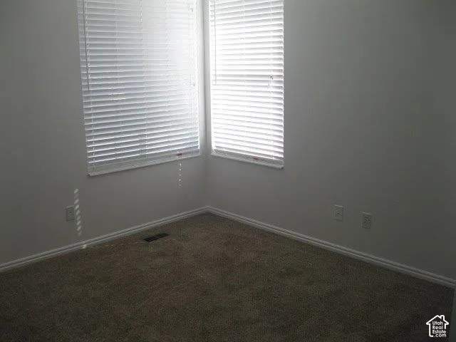 Light-colored walls with two windows featuring horizontal blinds, and carpeted flooring