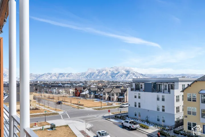 Community setting with snow-capped mountain backdrop