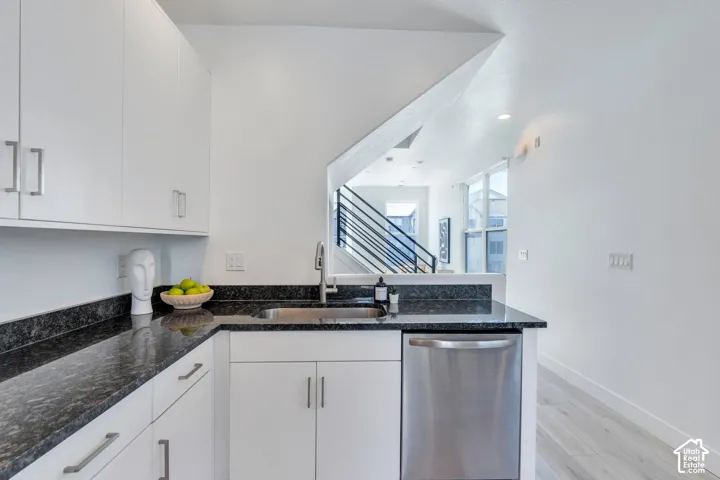 White flat-panel cabinetry with metal pulls, dark speckled countertops, undermount sink with a gooseneck faucet, and a stainless steel dishwasher