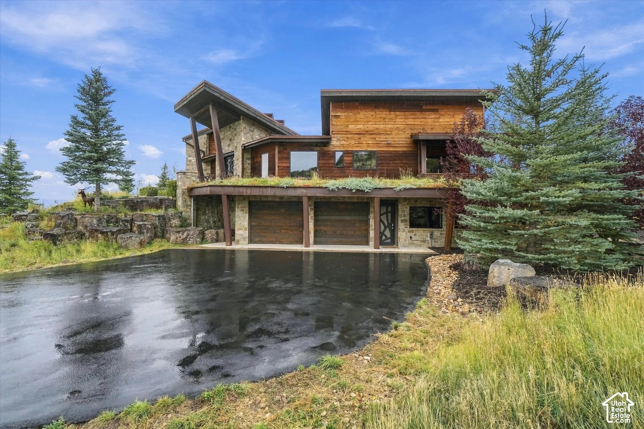 Stone and wood-clad exterior with a green roof, integrated garage doors, and a paved driveway