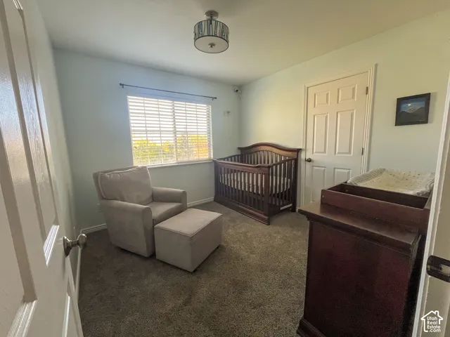 Carpeted room featuring a window with blinds, a ceiling-mounted light fixture, and a solid interior door