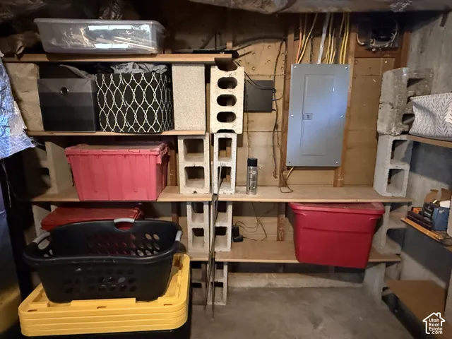 Built-in utility shelving with concrete block supports
