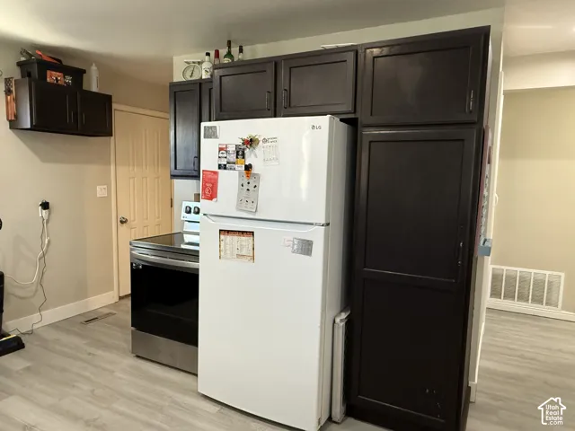 Dark wood-finish cabinetry, stainless steel range, and light wood-finish flooring