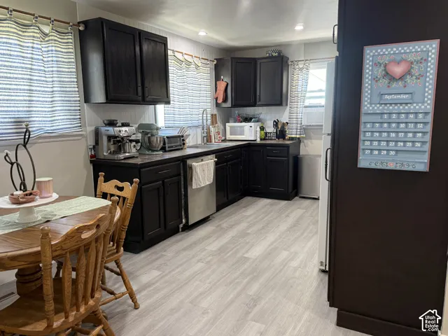 Kitchen featuring dark wood cabinetry, light wood-finish flooring, a stainless steel dishwasher, and a double basin sink