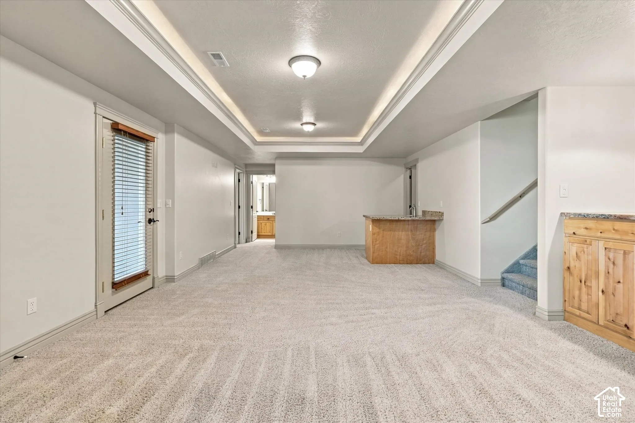 Recessed ceiling with layered trim, light-toned carpet, built-in wet bar with stone-finish countertop, wood-finish cabinetry with stone-finish countertop, and a full-light door with integrated blinds