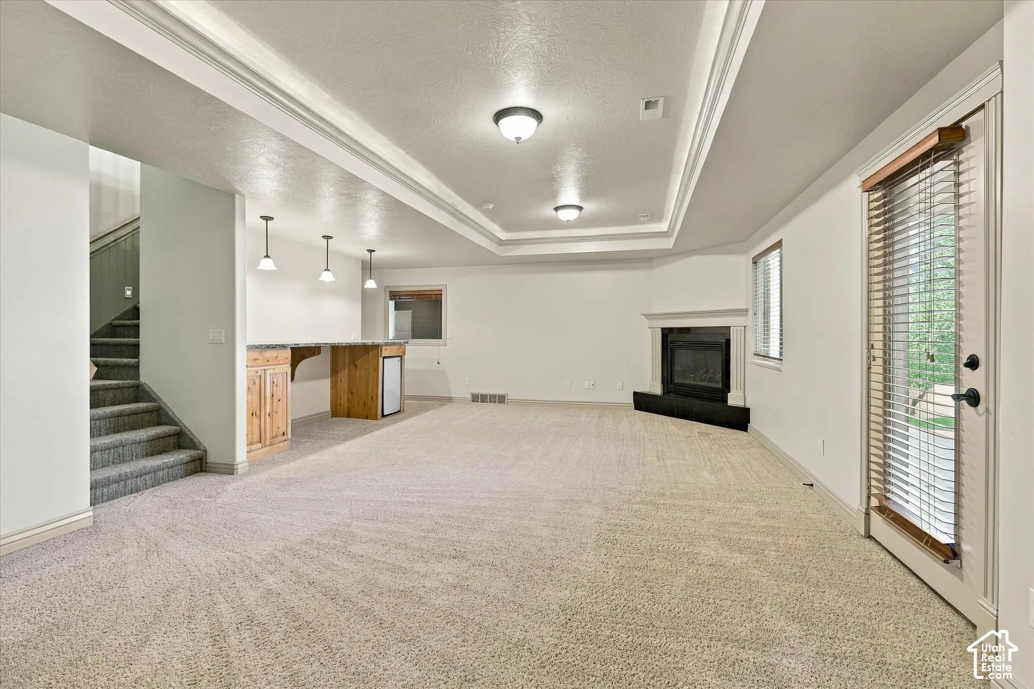 Recessed lighting, tray ceiling, built-in fireplace, wet bar with wood-finish cabinetry, and glass-paneled door