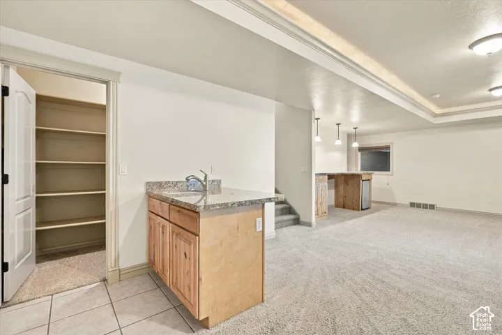 Built-in cabinetry with granite-style countertop, integrated sink, and an adjacent pantry with shelving