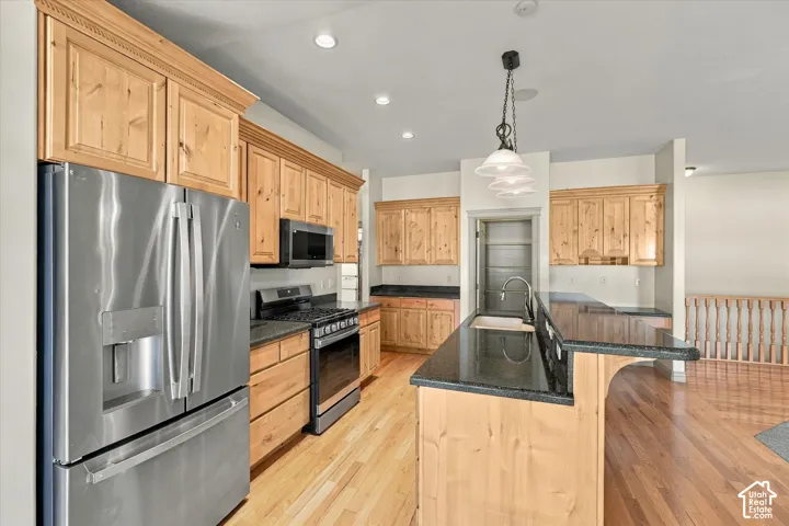 Kitchen featuring extensive wood cabinetry, black countertops, stainless steel appliances, and a central island with an integrated sink and pendant lighting