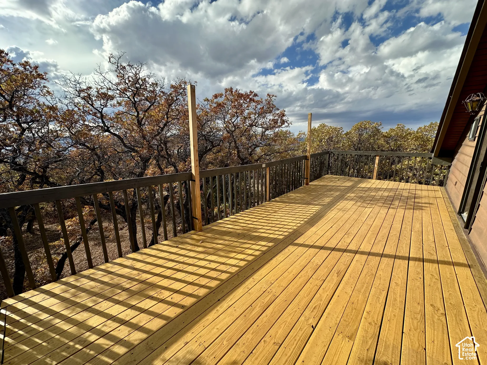 Expansive wood deck with a dark-stained railing, offering an elevated outdoor space