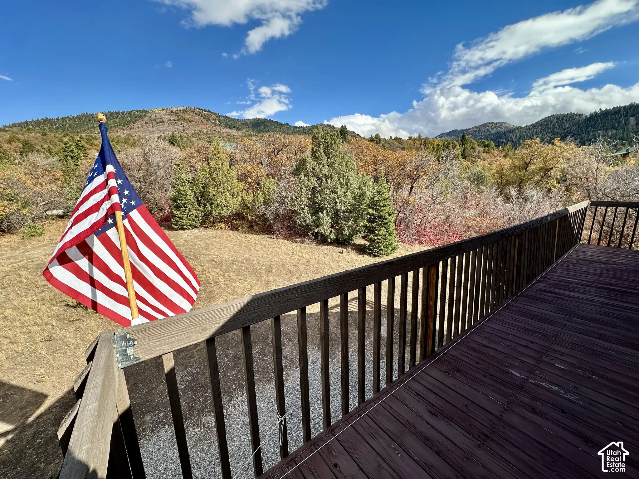 Expansive outdoor deck with wood-finish flooring and a wood railing