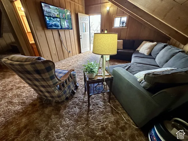 Vaulted wood-paneled ceilings with exposed beams, wall-mounted television, and a window for natural light