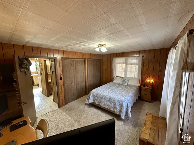 Textured ceiling panels, wood-paneled walls, window with natural light, wall-to-wall carpeting, and built-in closet doors