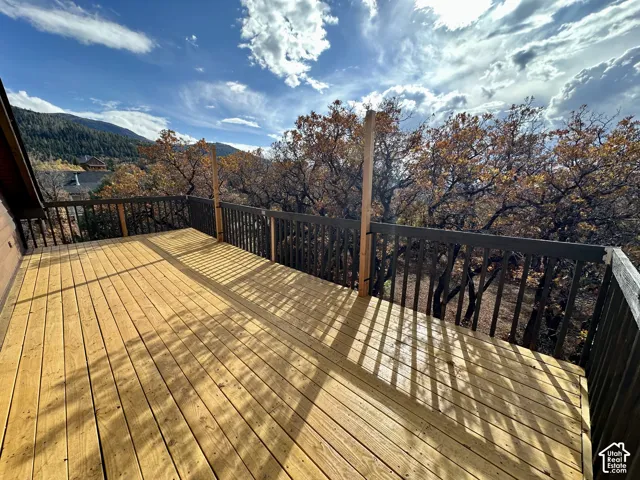 Expansive outdoor deck with natural wood flooring and dark wood railings, surrounded by mature trees