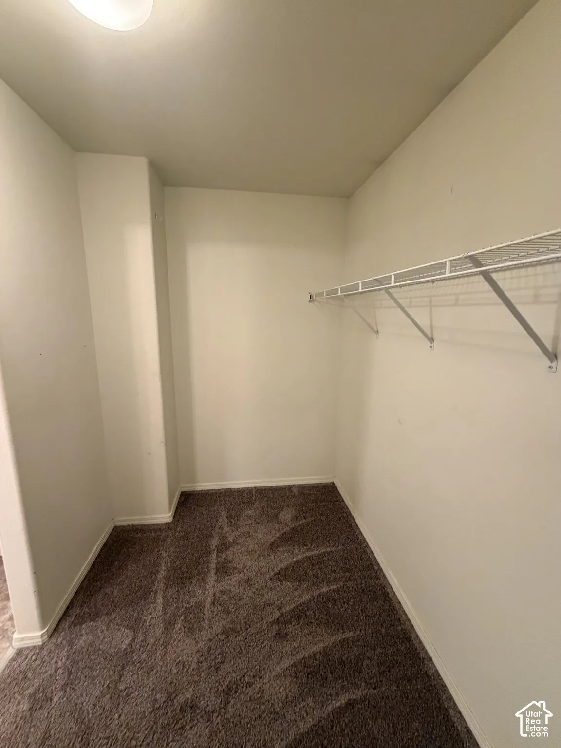 Recessed ceiling light, wall-to-wall carpeting, and wire shelving
