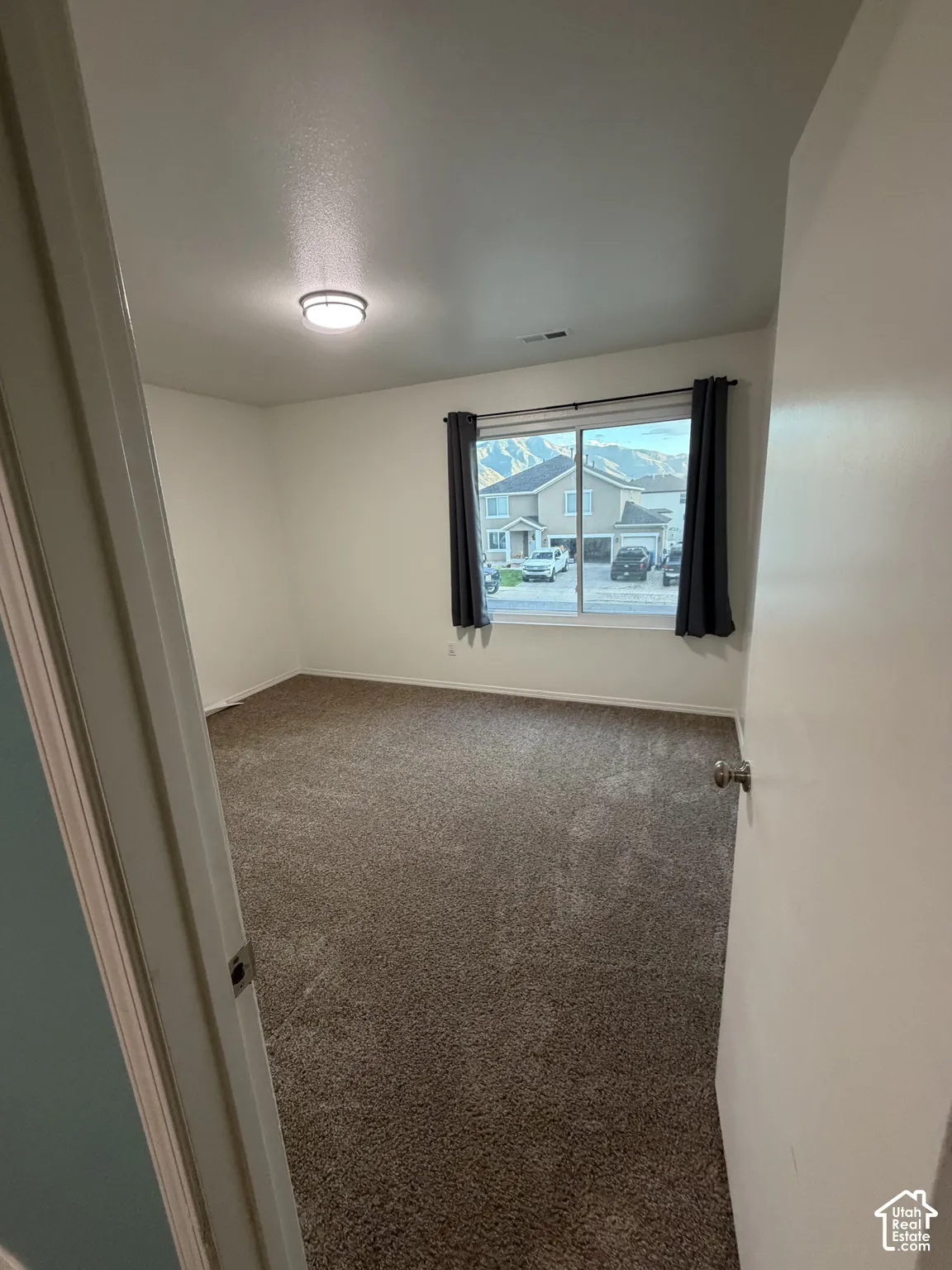 Neutral wall paint, brown carpet flooring, and a flush-mount ceiling light fixture