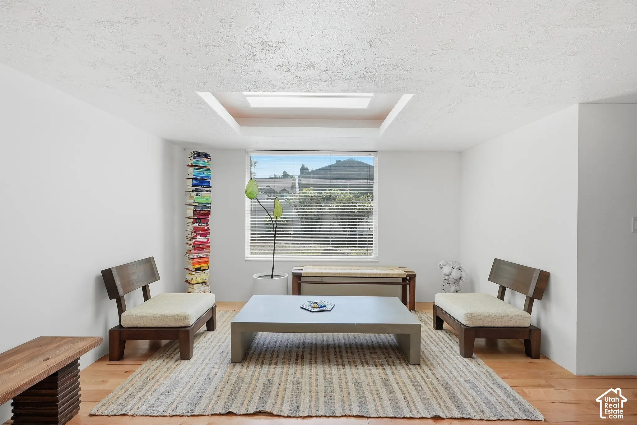 Recessed ceiling with an integrated skylight, wood-finish flooring, and a large window with horizontal blinds