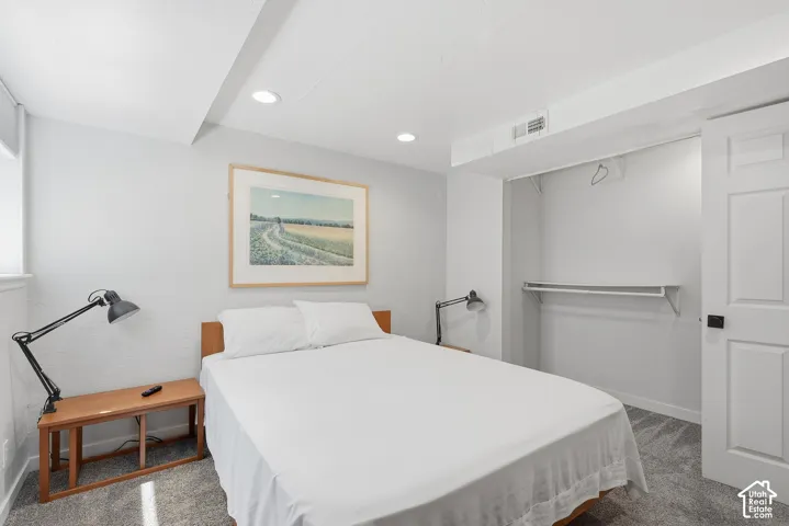Recessed ceiling lighting, light gray wall paint, built-in closet shelving, white interior door with black hardware, and gray carpet flooring