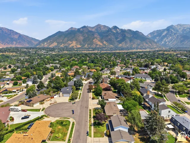 Expansive mountainous scenery, mature tree canopy, and residential area