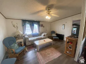 Wood-finish flooring throughout the space