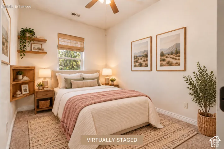Bedroom 2 with wall-to-wall carpeting with natural light from a window featuring a textured shade