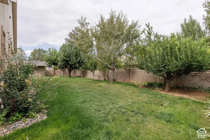 Expansive lawn area with mature trees and a decorative stone wall