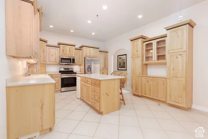 Kitchen featuring extensive natural wood cabinetry, stainless steel appliances, a center island with countertop, tile flooring, and recessed lighting