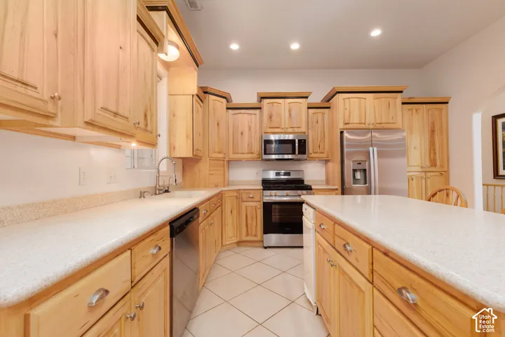 Wood-finish cabinetry with crown molding, light-toned countertops, integrated stainless steel appliances, and an expansive kitchen island