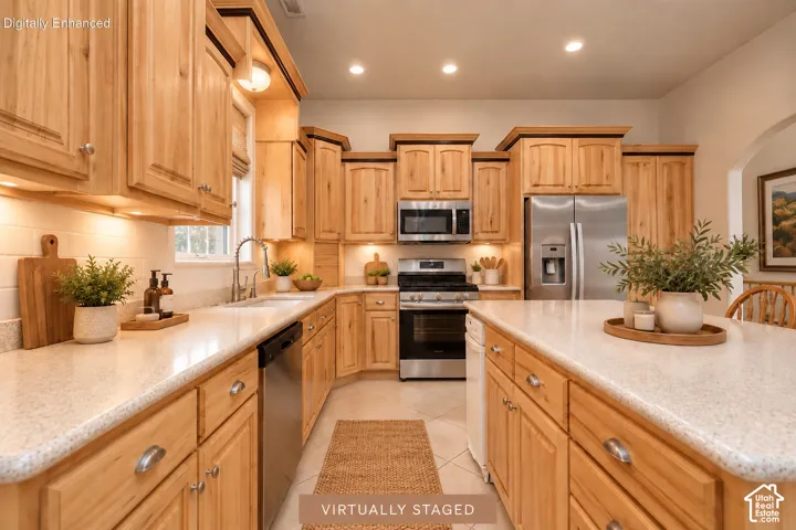 Wood-finish cabinetry with crown molding, light-toned countertops, integrated stainless steel appliances, and an expansive kitchen island