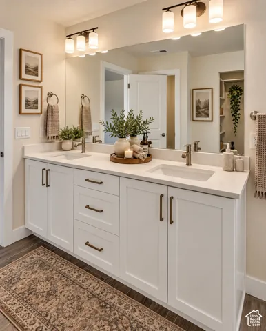 Dual vanity with white shaker-style cabinetry, undermount sinks, and light-toned countertops