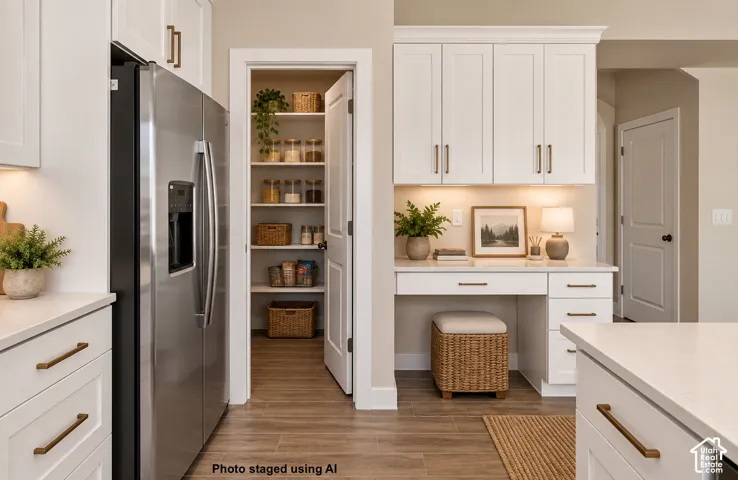 White cabinetry with bronze hardware