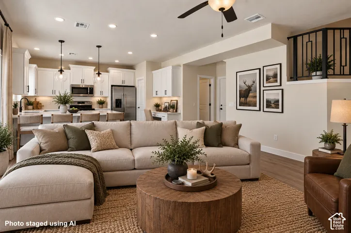 Open-concept living area featuring wood-finish flooring, recessed lighting, and a ceiling fan