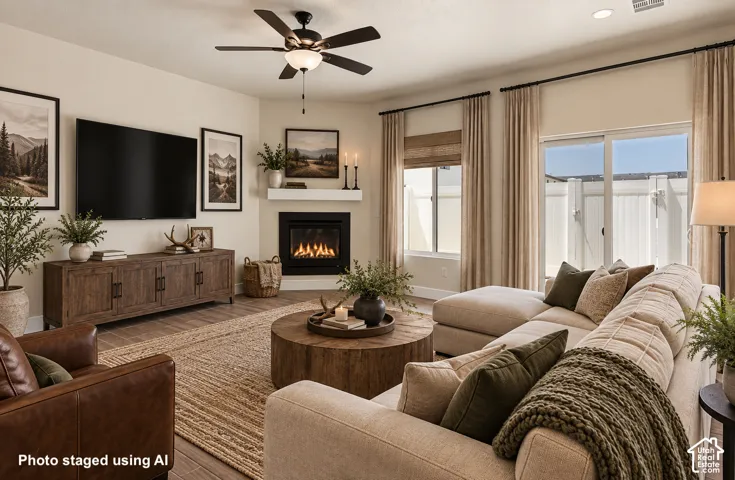 Wood-finish flooring, corner fireplace with white mantel, ceiling fan, and sliding glass door