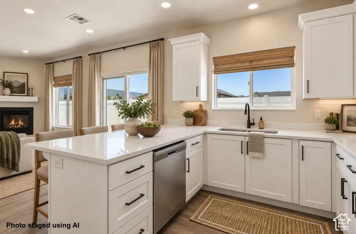 White kitchen cabinetry with black hardware, stainless steel dishwasher, and a sink with a black faucet