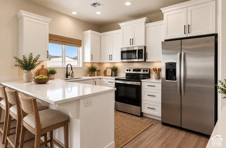 Kitchen featuring white shaker-style cabinetry, stainless steel appliances, a white countertop island with seating, and wood-finish flooring