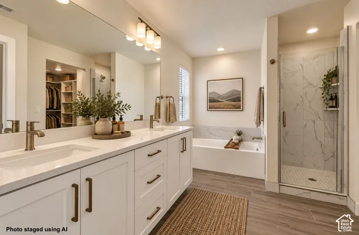Dual vanity with undermount sinks, bronze-finish faucets, and white cabinetry