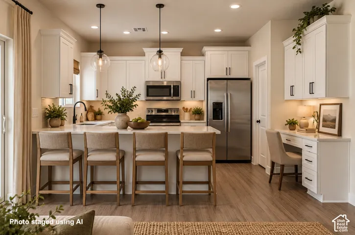 White shaker cabinetry with black hardware, stainless steel appliances, a kitchen island with seating, a built-in desk, and wood-finish flooring