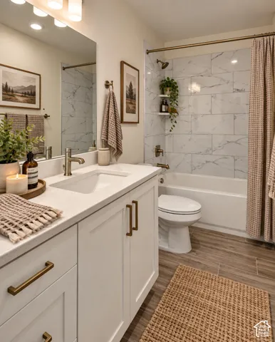 White vanity with modern bronze hardware, integrated sink, and light-toned countertop