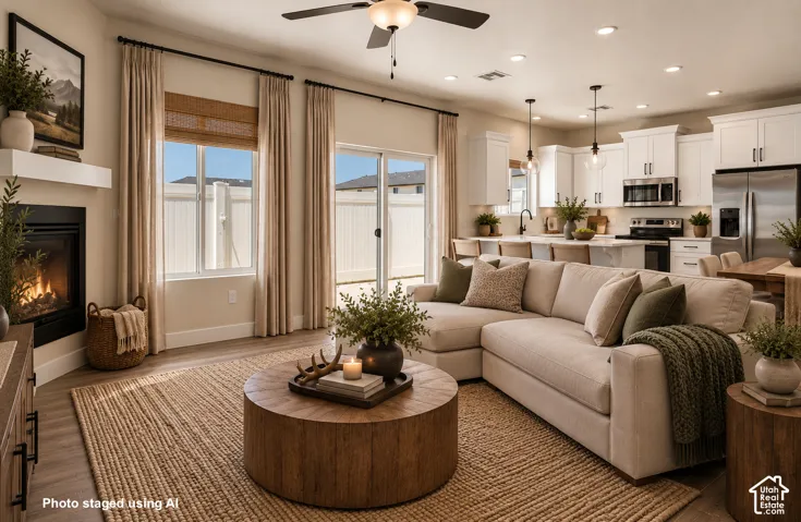 Open-concept living space featuring wood-finish flooring, a built-in fireplace with white mantel, a ceiling fan with integrated lighting, a sliding glass door, and a kitchen with white cabinetry and stainless steel appliances