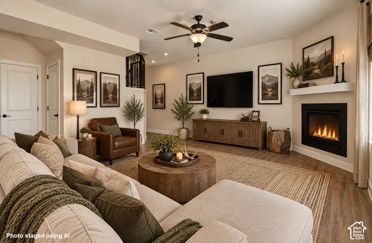Corner fireplace with a white floating mantel