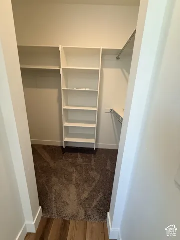 Built-in shelving, carpet flooring, wood-finish flooring, white walls, and built-in hanging rods