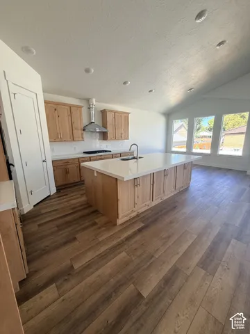 Kitchen featuring wood-finish flooring, light wood cabinetry, white countertops, and a large center island with an integrated sink